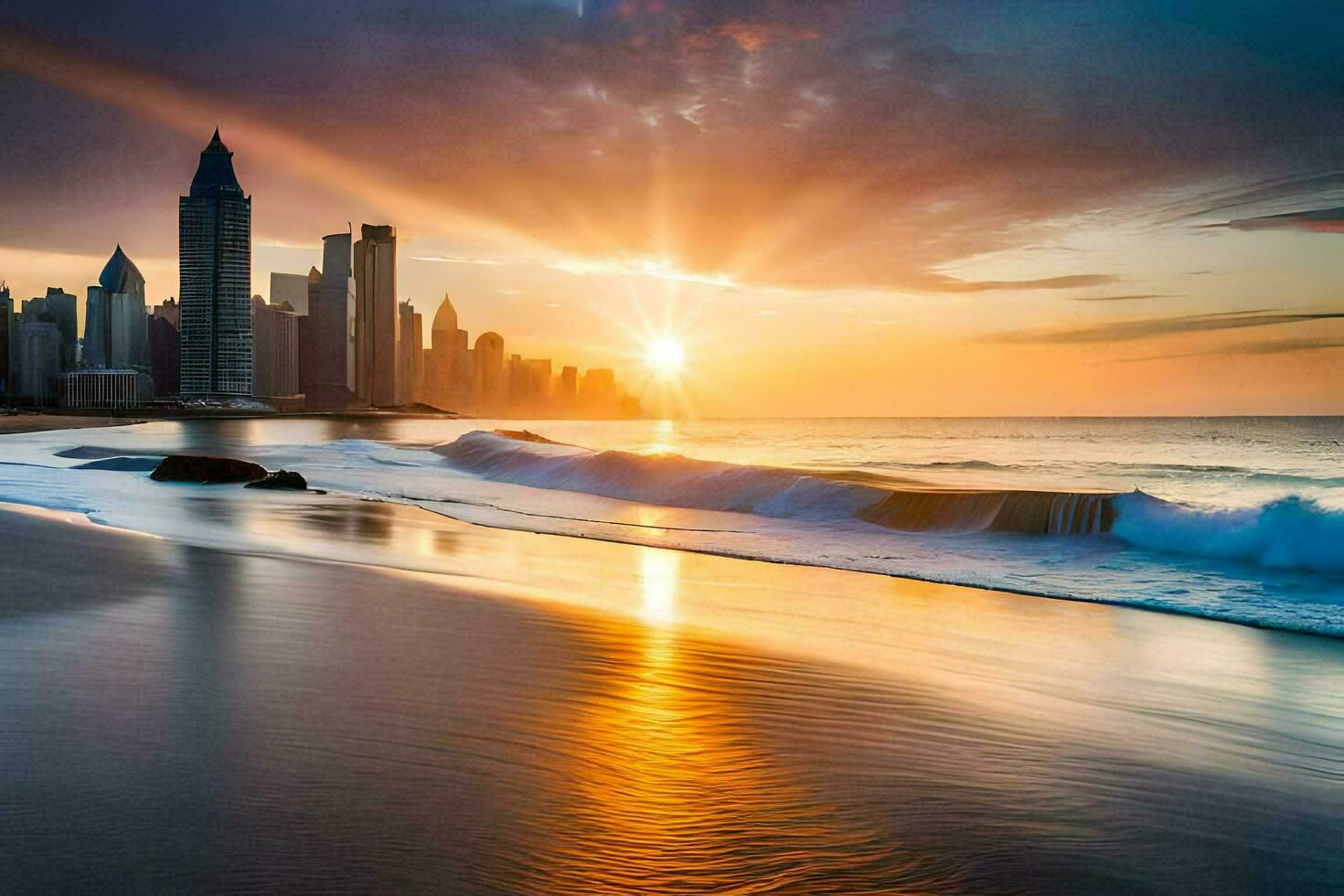 a Sol sobe sobre a cidade Horizonte dentro dubai. gerado por IA foto