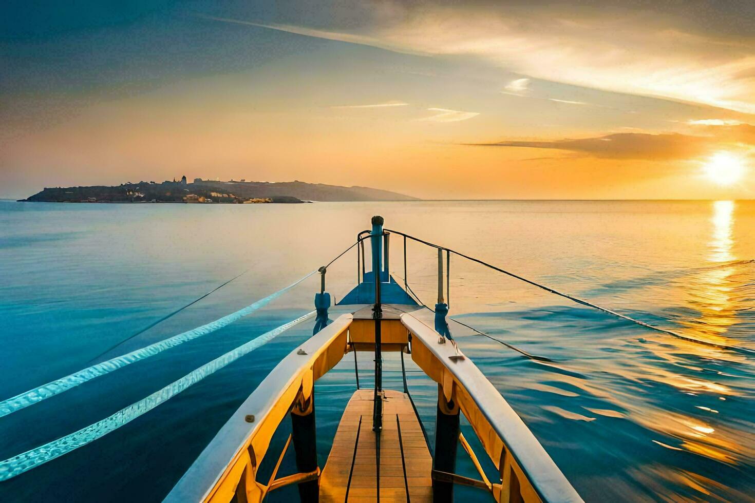 uma barco em a oceano às pôr do sol. gerado por IA foto