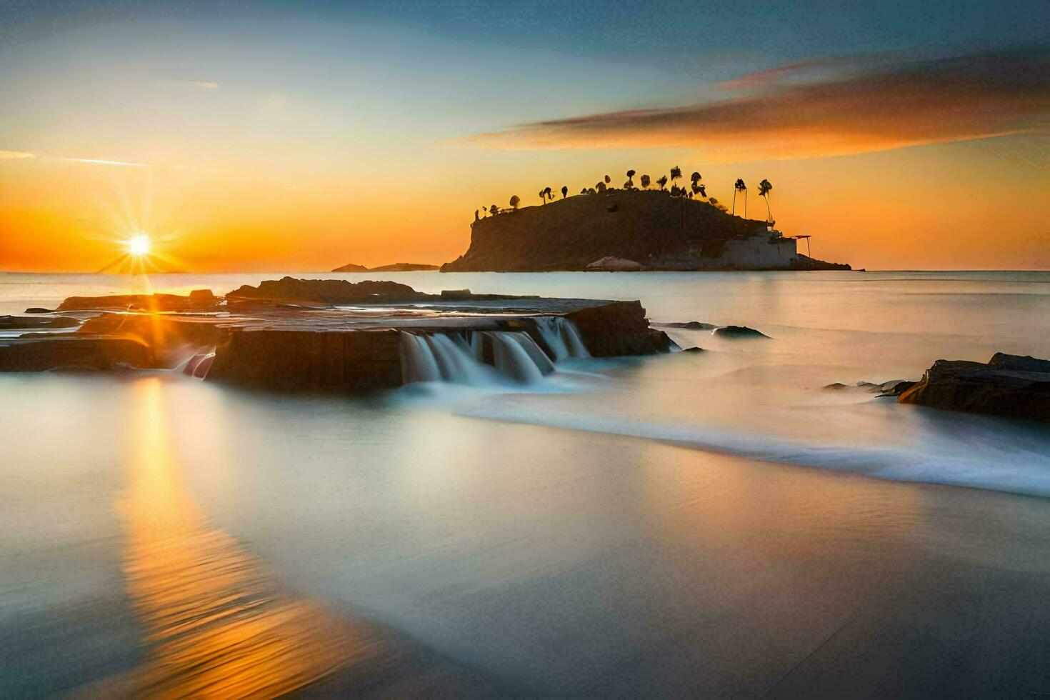 a Sol conjuntos sobre uma rochoso de praia com Palma árvores gerado por IA foto