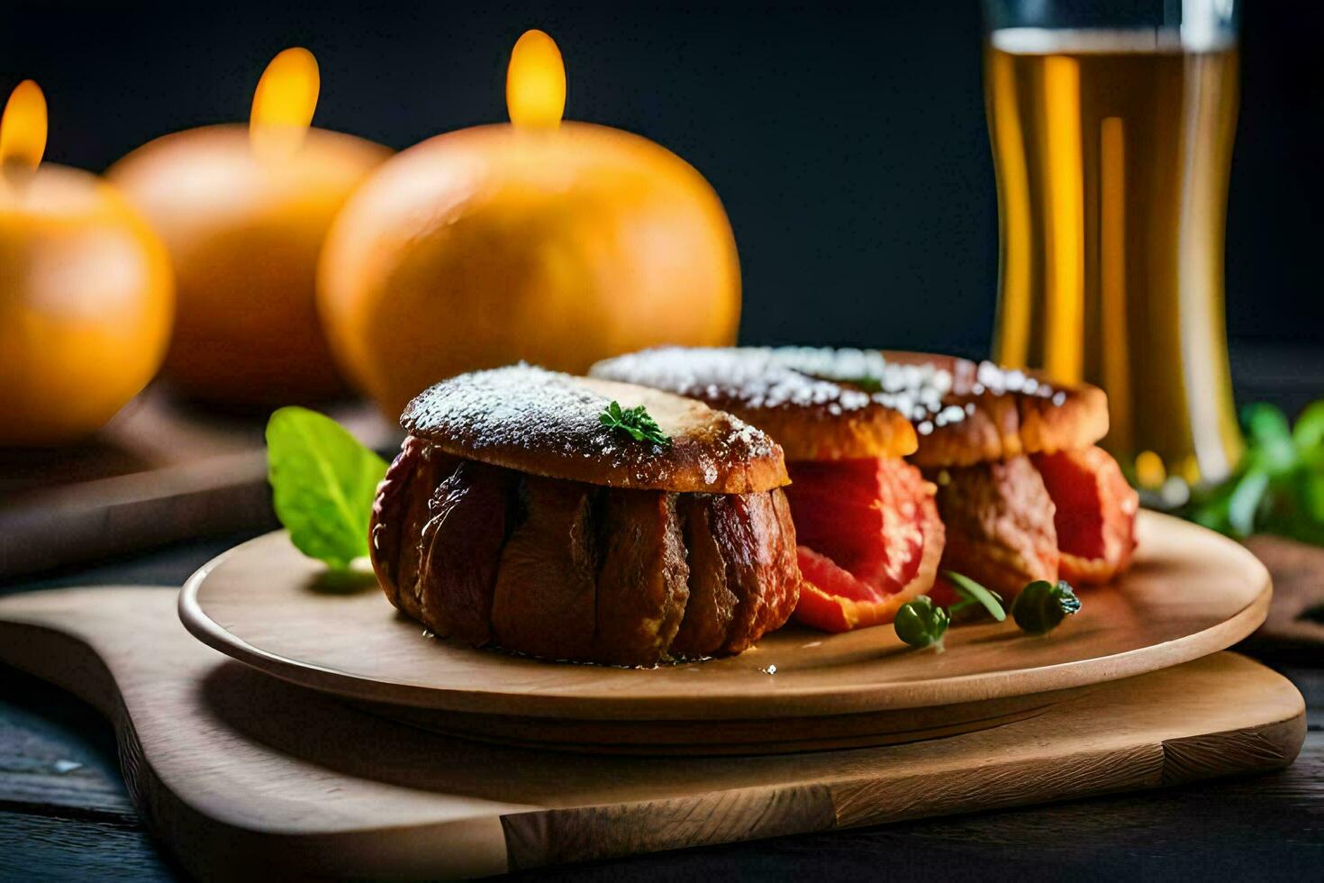 dois fatias do pão com carne e especiarias em uma de madeira placa. gerado por IA foto