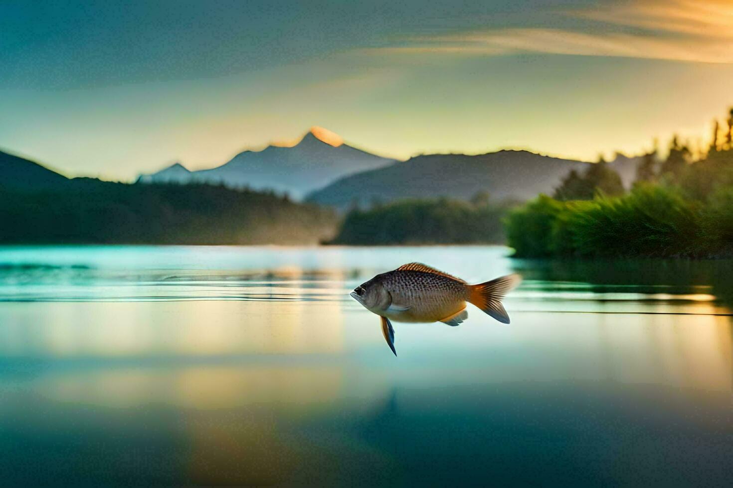 uma peixe é natação dentro a água às pôr do sol. gerado por IA foto