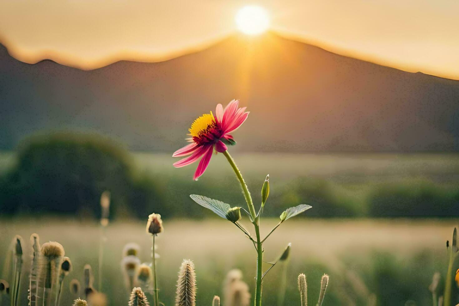 uma flor dentro uma campo com montanhas dentro a fundo. gerado por IA foto