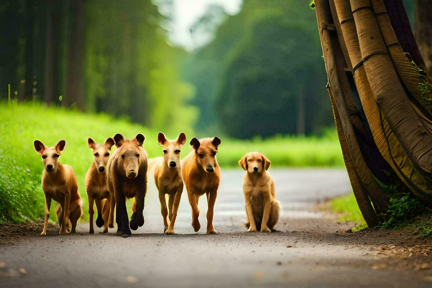 uma grupo do cachorros caminhando baixa uma estrada. gerado por IA foto