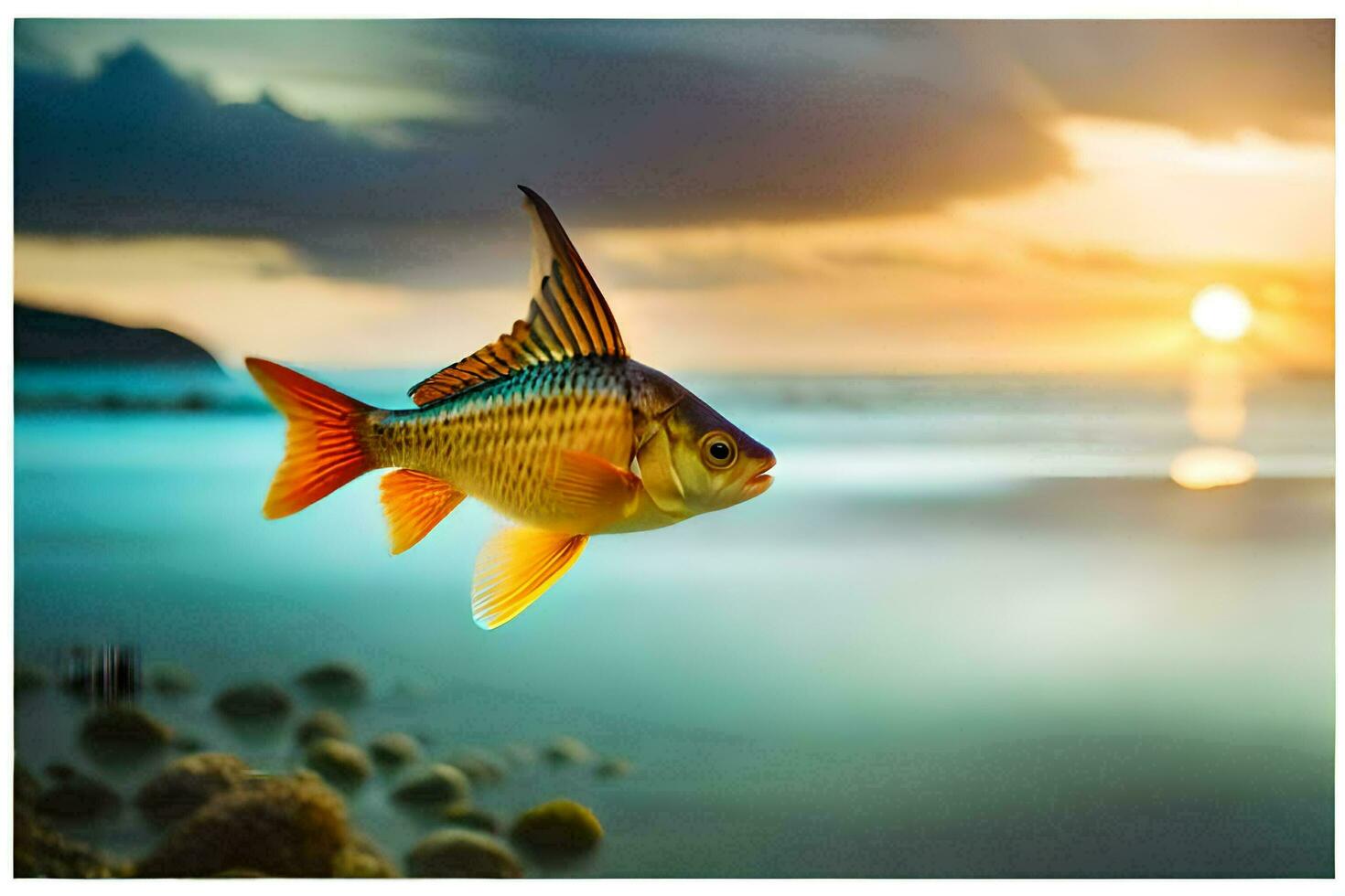 uma peixe natação dentro a oceano às pôr do sol. gerado por IA foto