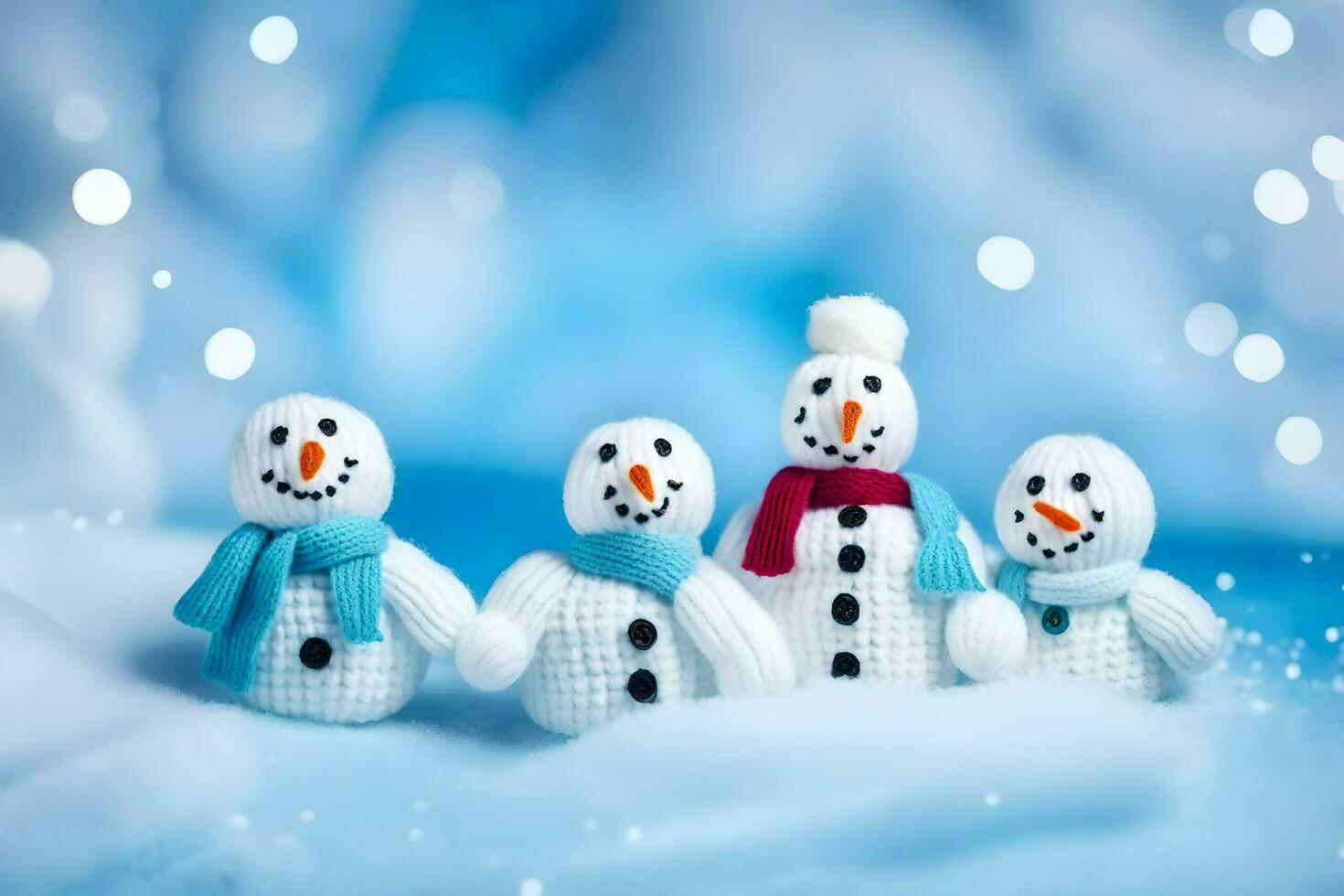 três bonecos de neve estão em pé dentro uma linha. gerado por IA foto