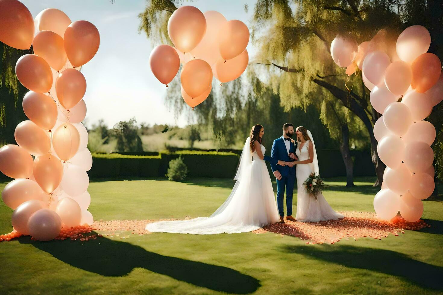 Casamento casal em pé dentro frente do uma ampla arco do Rosa balões. gerado por IA foto