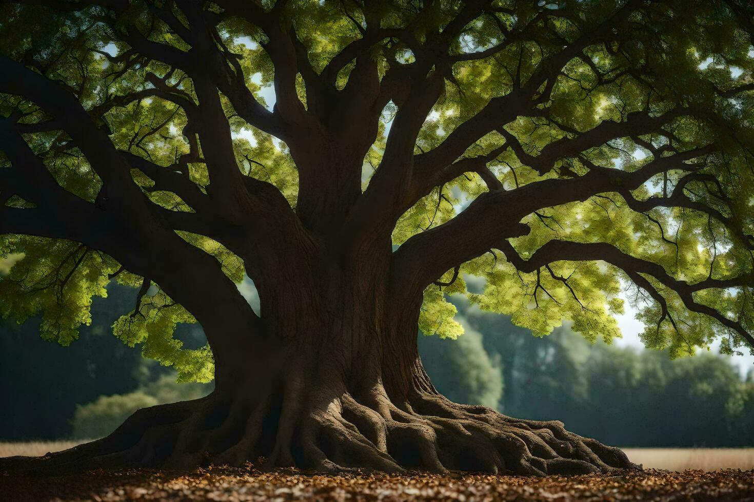 uma ampla árvore com raízes dentro a chão. gerado por IA foto