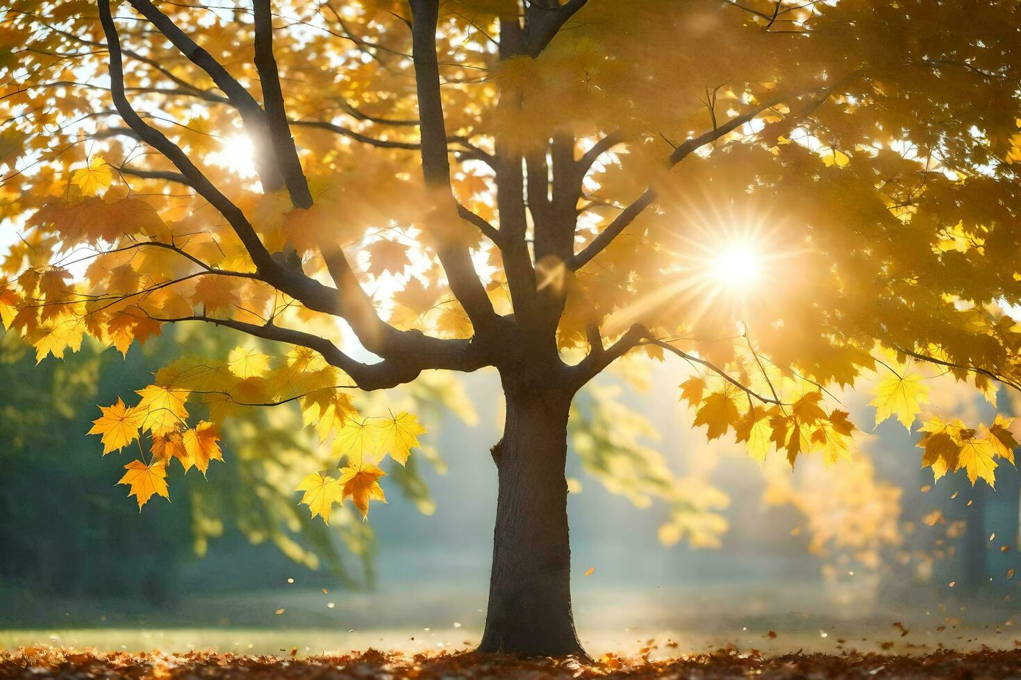 a Sol brilha através uma árvore dentro a outono. gerado por IA foto