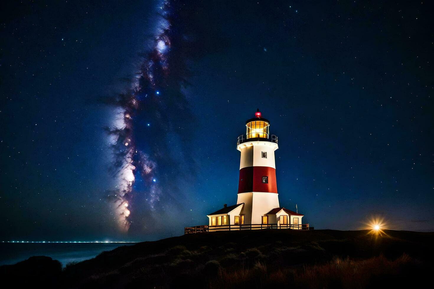 uma farol com uma estrelado céu acima isto. gerado por IA foto