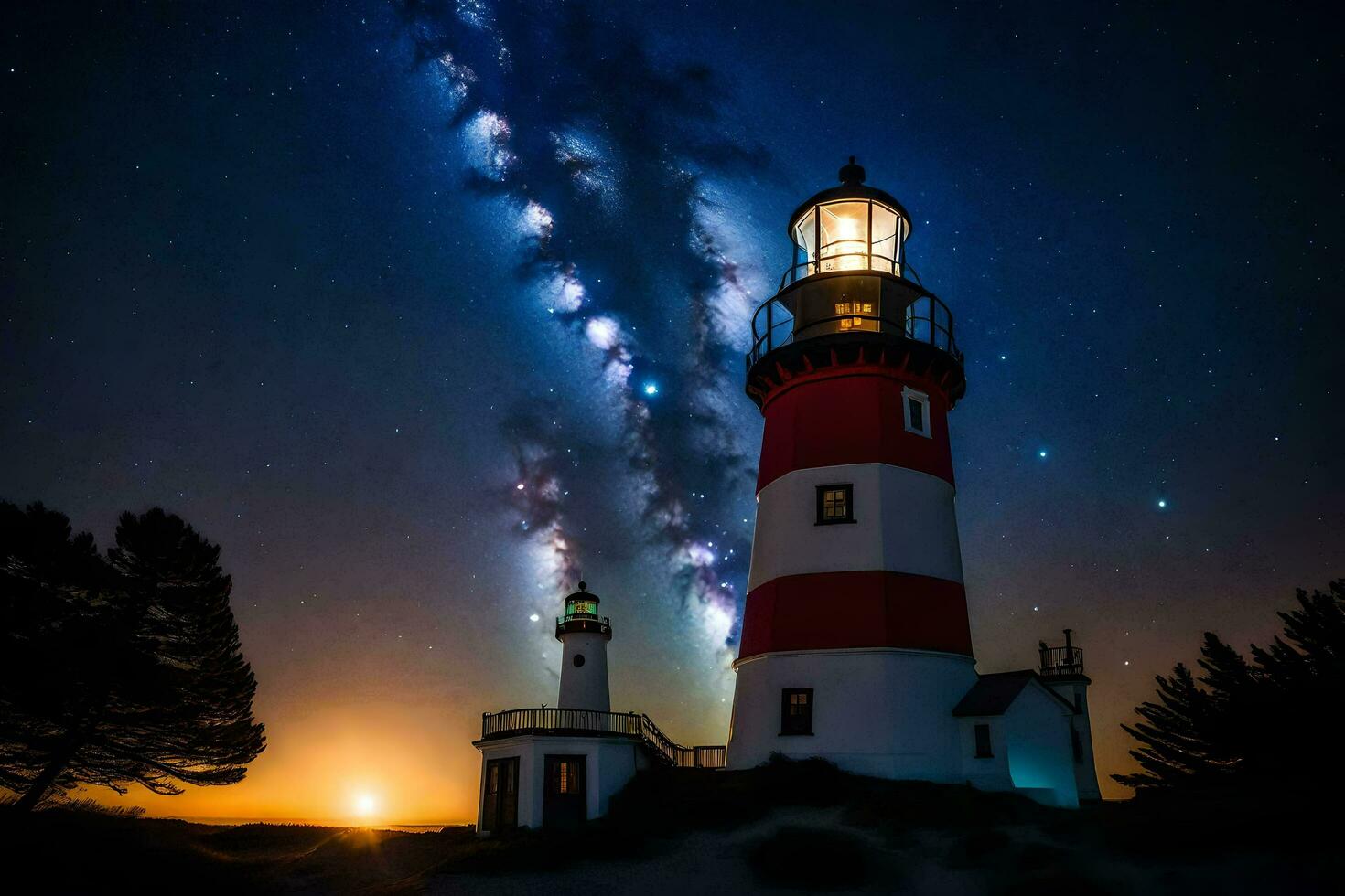 a leitoso caminho sobre a farol. gerado por IA foto