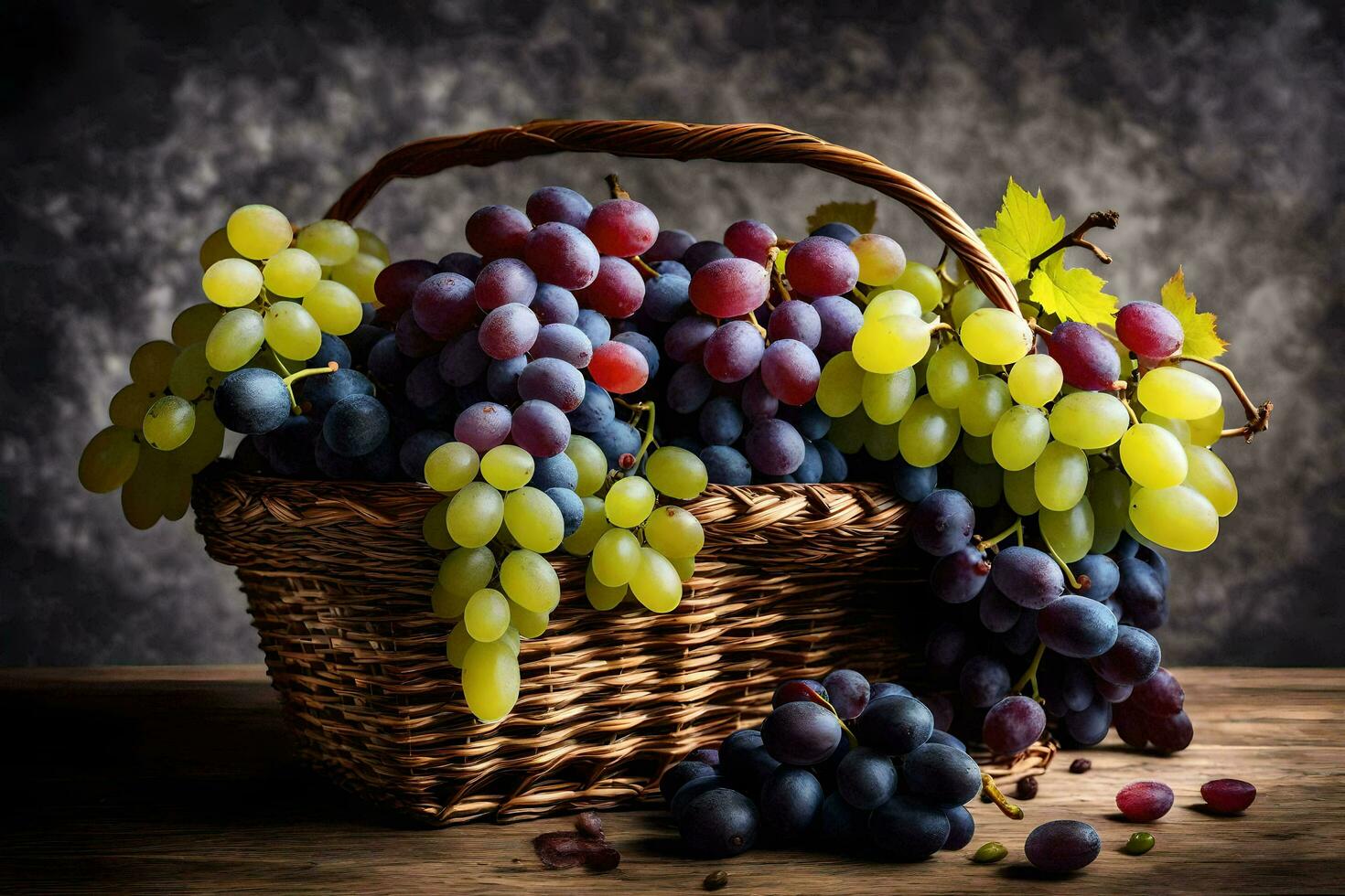 uvas dentro uma cesta em uma mesa. gerado por IA foto