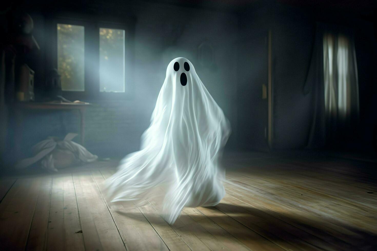 humano dentro assustador fantasmas traje vôo dentro a velho casa às noite. assustador dia das Bruxas fundo com fantasma. fantasma em dia das Bruxas celebração conceito de ai gerado foto