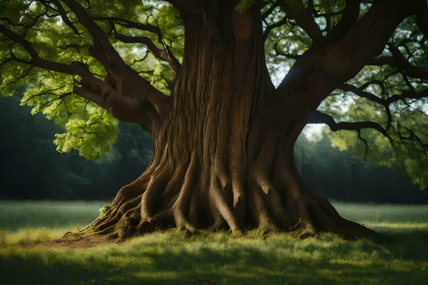 uma ampla árvore com ampla raízes dentro a meio do uma campo. gerado por IA foto