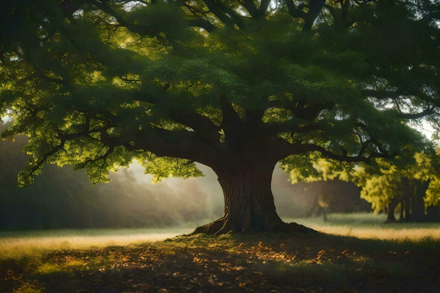 uma ampla árvore dentro a meio do uma campo. gerado por IA foto