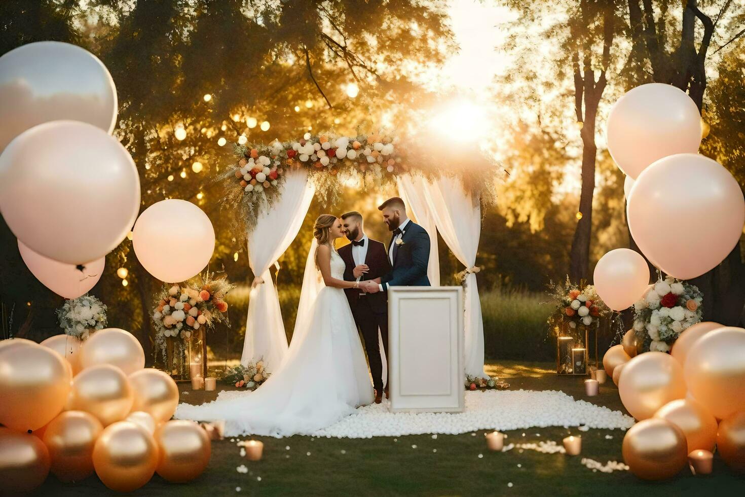 Casamento cerimônia dentro a jardim com balões. gerado por IA foto