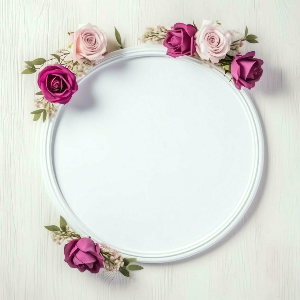 romântico ramalhete do em branco floral Rosa flores com cópia de espaço. natural floral rosa quadro, Armação disposição conceito de ai gerado foto