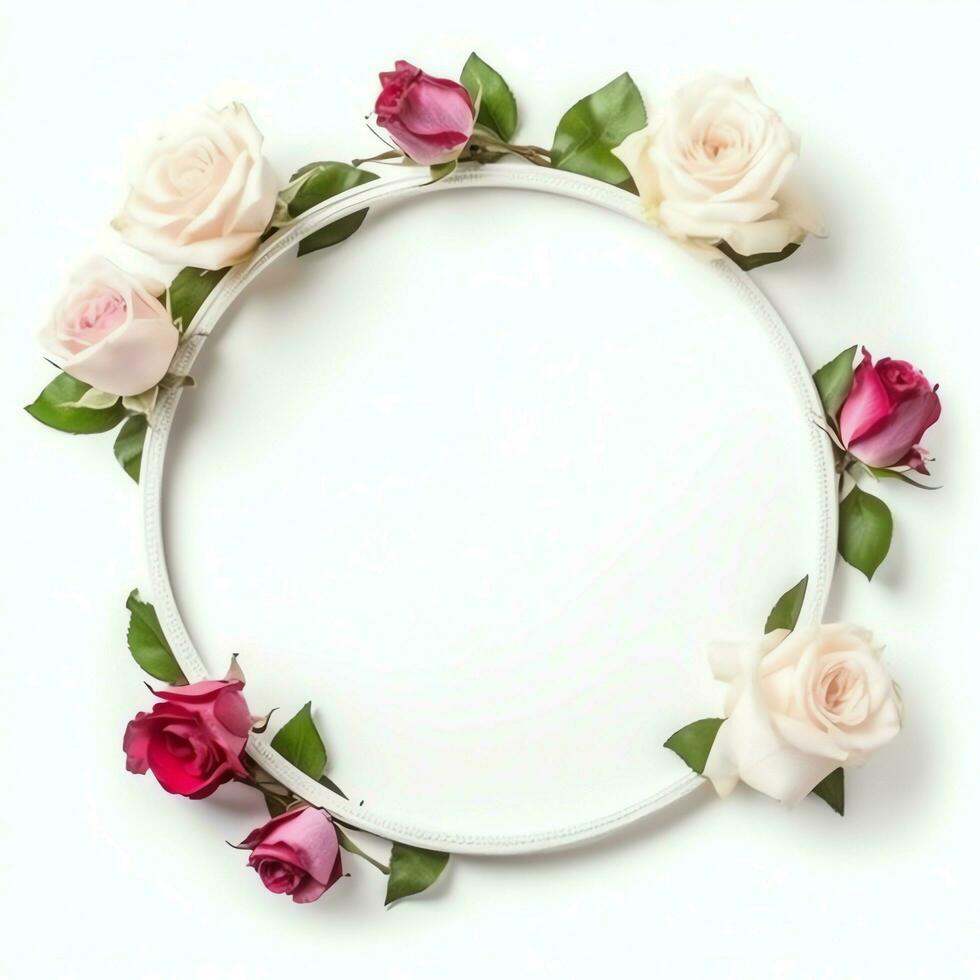 romântico ramalhete do em branco floral Rosa flores com cópia de espaço. natural floral rosa quadro, Armação disposição conceito de ai gerado foto