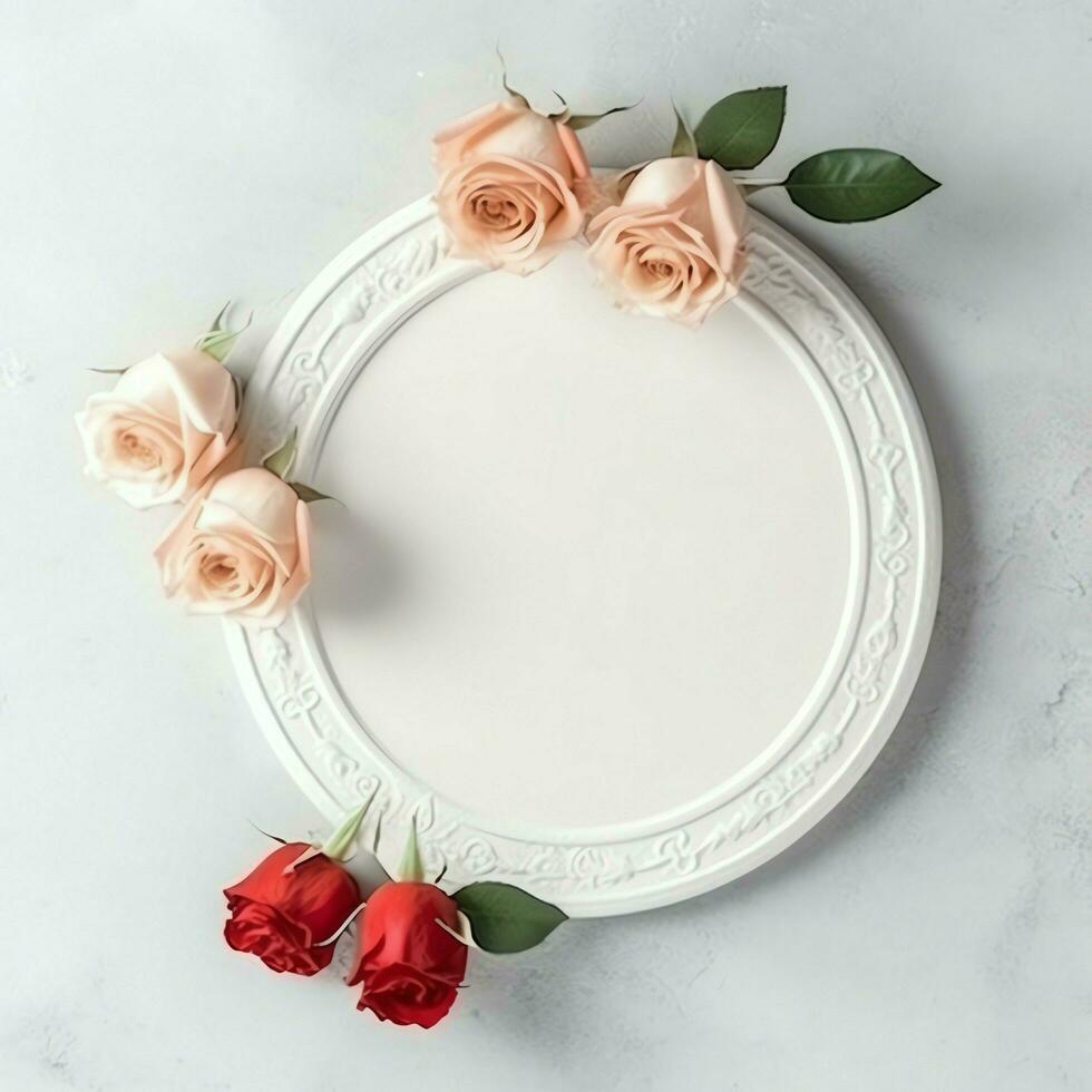 romântico ramalhete do em branco floral Rosa flores com cópia de espaço. natural floral rosa quadro, Armação disposição conceito de ai gerado foto