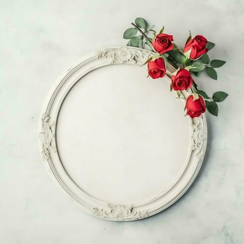 romântico ramalhete do em branco floral Rosa flores com cópia de espaço. natural floral rosa quadro, Armação disposição conceito de ai gerado foto