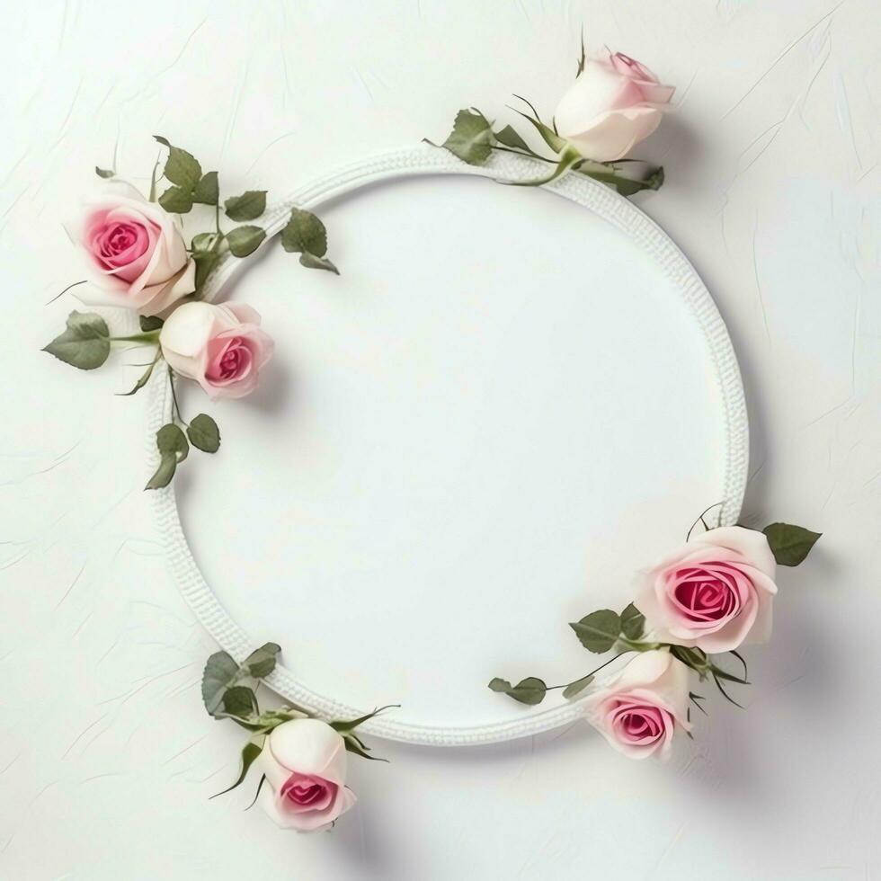 romântico ramalhete do em branco floral Rosa flores com cópia de espaço. natural floral rosa quadro, Armação disposição conceito de ai gerado foto