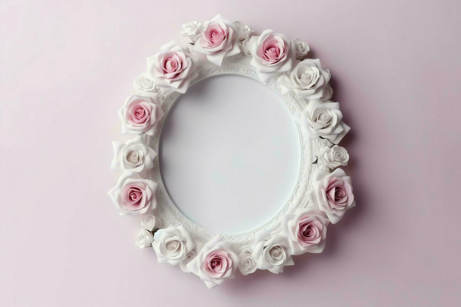 romântico ramalhete do em branco floral Rosa flores com cópia de espaço. natural floral rosa quadro, Armação disposição conceito de ai gerado foto