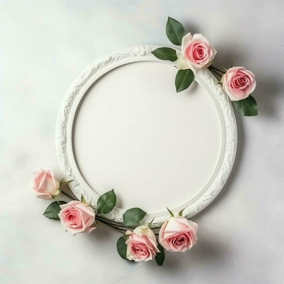 romântico ramalhete do em branco floral Rosa flores com cópia de espaço. natural floral rosa quadro, Armação disposição conceito de ai gerado foto