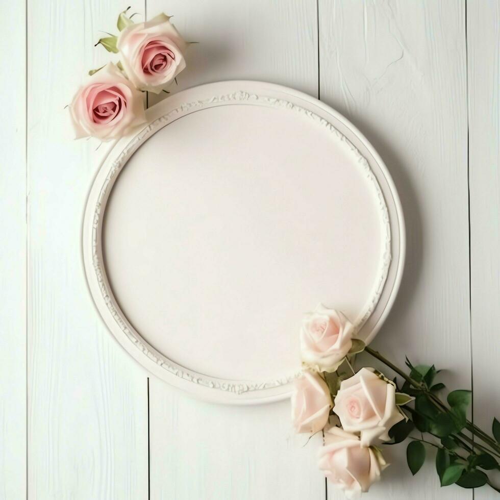 romântico ramalhete do em branco floral Rosa flores com cópia de espaço. natural floral rosa quadro, Armação disposição conceito de ai gerado foto