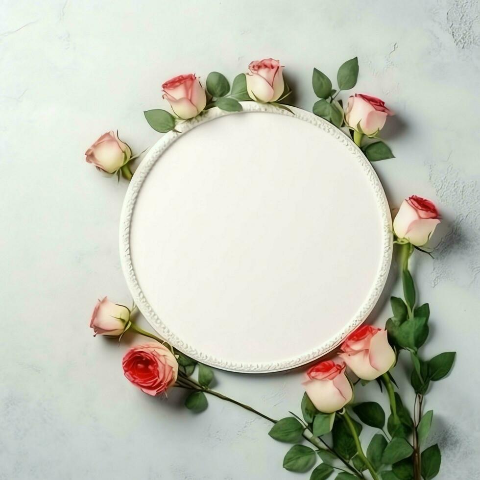 romântico ramalhete do em branco floral Rosa flores com cópia de espaço. natural floral rosa quadro, Armação disposição conceito de ai gerado foto