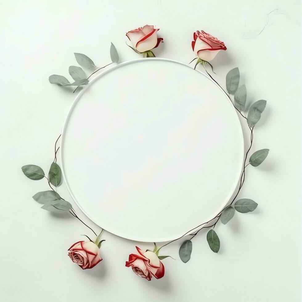 romântico ramalhete do em branco floral Rosa flores com cópia de espaço. natural floral rosa quadro, Armação disposição conceito de ai gerado foto