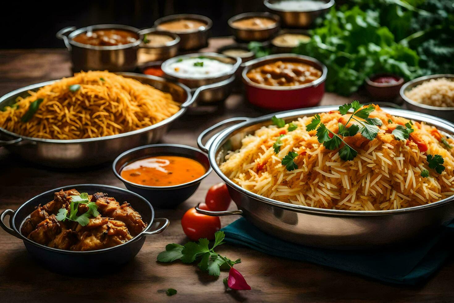 indiano Comida dentro taças e taças em uma mesa. gerado por IA foto