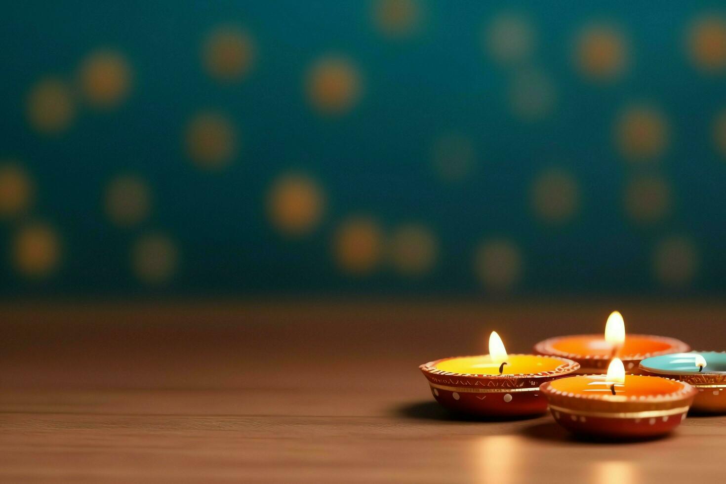 feliz diwali ou deepavali tradicional indiano festival com argila diya óleo lâmpada. indiano hindu festival do luz símbolo com vela e claro. argila diya luminária aceso durante diwali celebração de ai gerado foto