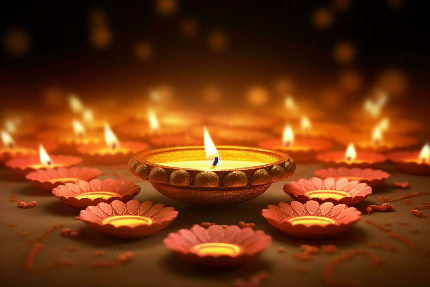 feliz diwali ou deepavali tradicional indiano festival com argila diya óleo lâmpada. indiano hindu festival do luz símbolo com vela e claro. argila diya luminária aceso durante diwali celebração de ai gerado foto