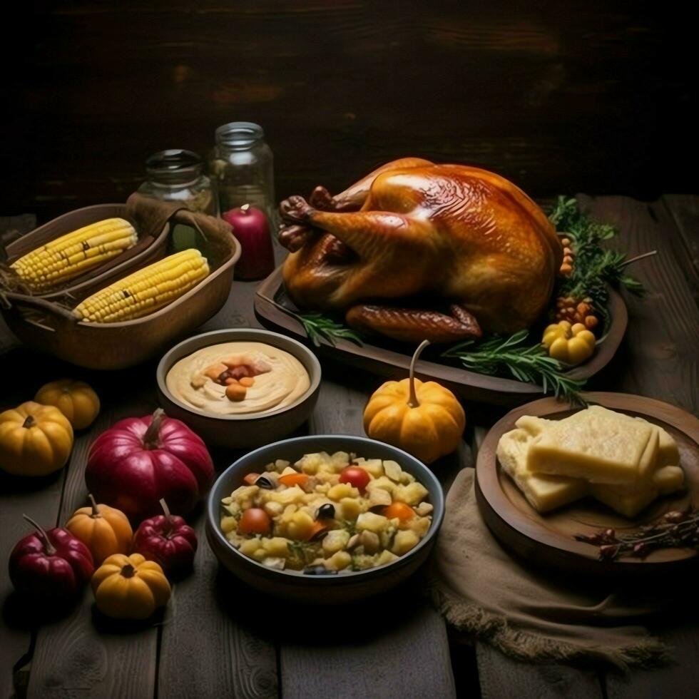 Ação de graças dia ou outono composição com abóbora, laranjas, folhas ou frango. Ação de graças Comida conceito de ai gerado foto