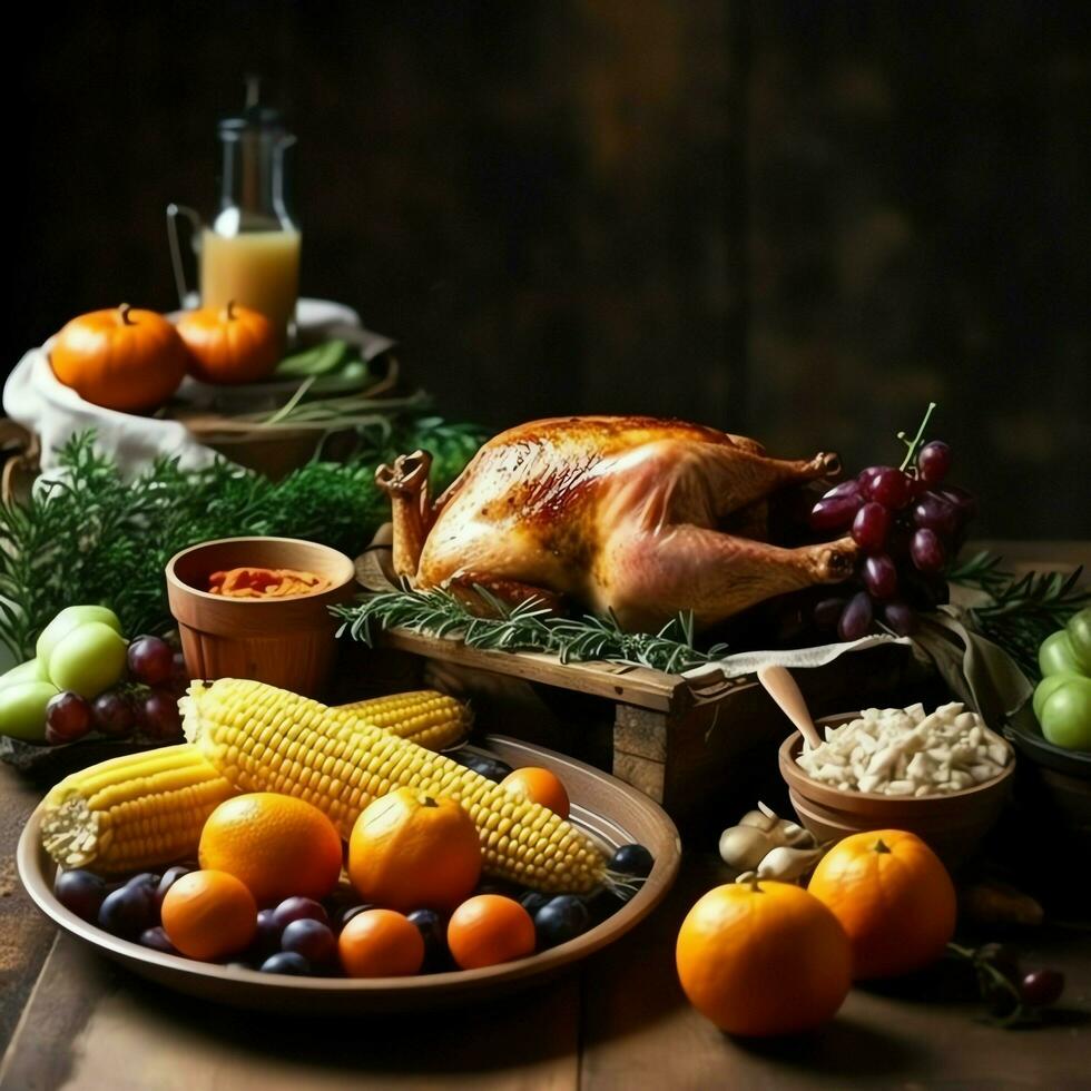 Ação de graças dia ou outono composição com abóbora, laranjas, folhas ou frango. Ação de graças Comida conceito de ai gerado foto