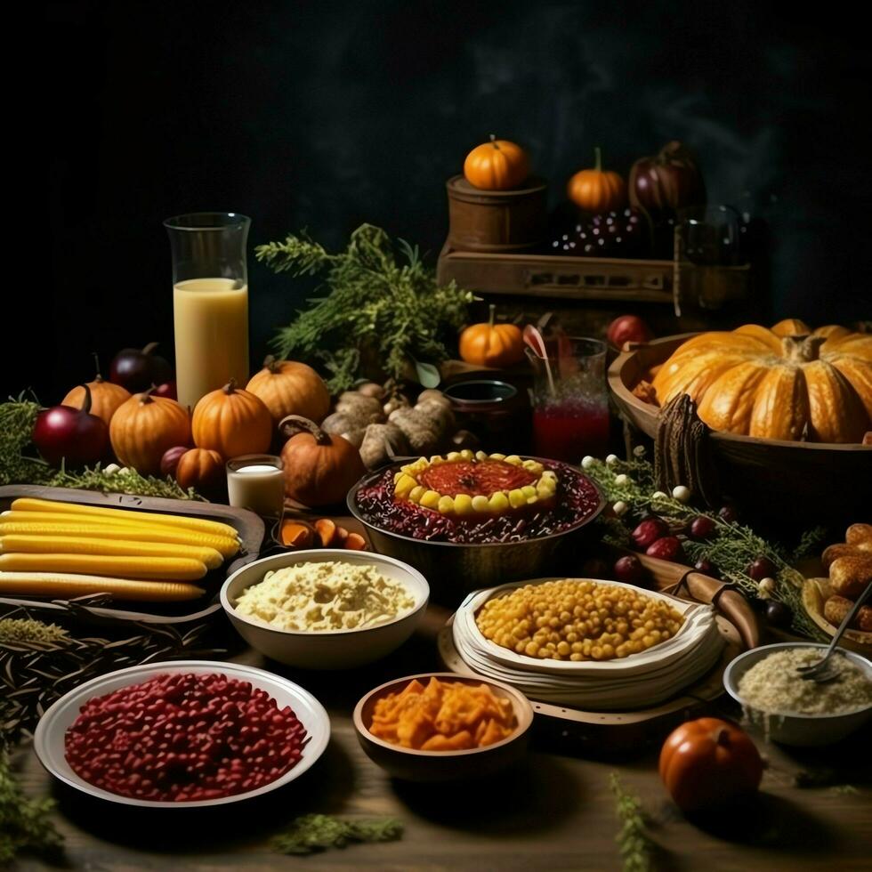 Ação de graças dia ou outono composição com abóbora, laranjas, folhas ou frango. Ação de graças Comida conceito de ai gerado foto