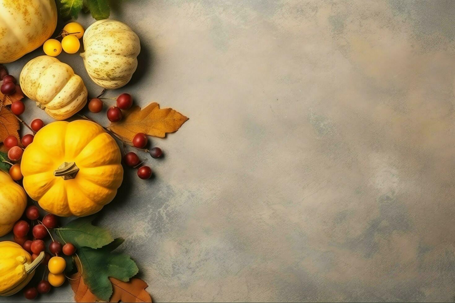 Ação de graças dia ou outono composição com abóbora, laranjas, folhas ou frango. Ação de graças Comida conceito de ai gerado foto