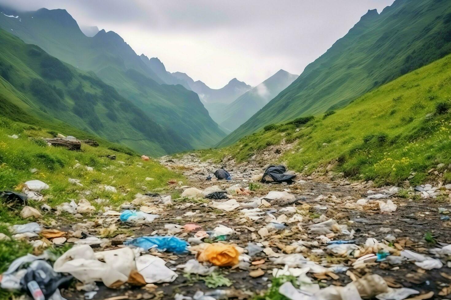 de Meio Ambiente problema plástico lixo ou Lixo dentro a montanha a partir de global aquecimento. poluição conceito de ai gerado foto