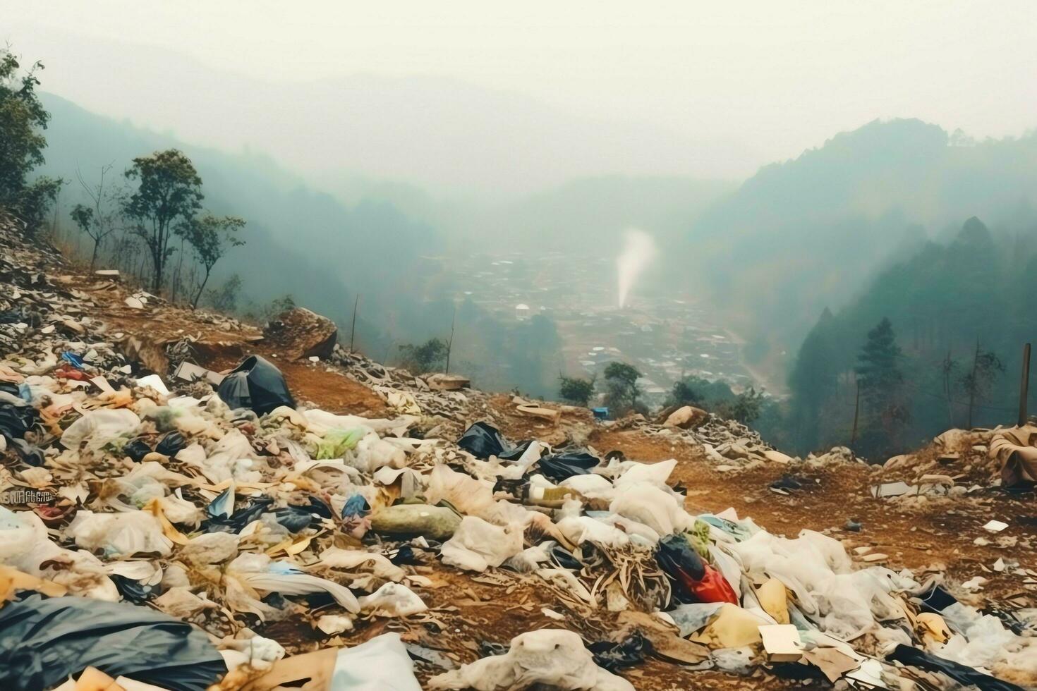 de Meio Ambiente problema plástico lixo ou Lixo dentro a montanha a partir de global aquecimento. poluição conceito de ai gerado foto