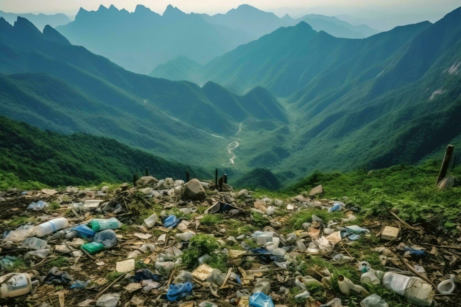 de Meio Ambiente problema plástico lixo ou Lixo dentro a montanha a partir de global aquecimento. poluição conceito de ai gerado foto