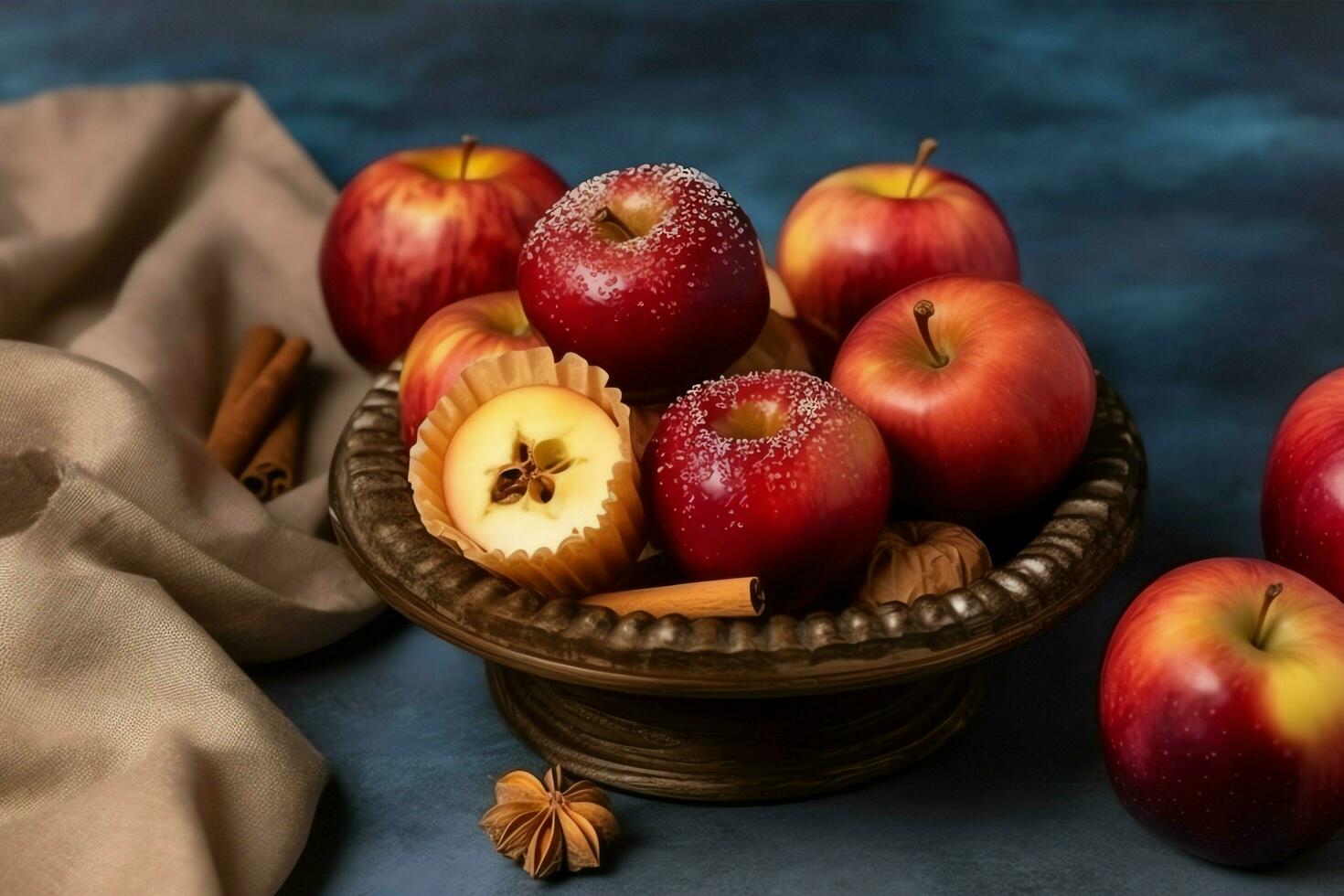 tradicional Comida do judaico Novo ano feriado do tradição ou religião. rosh Hashaná com cópia de espaço conceito de ai gerado foto