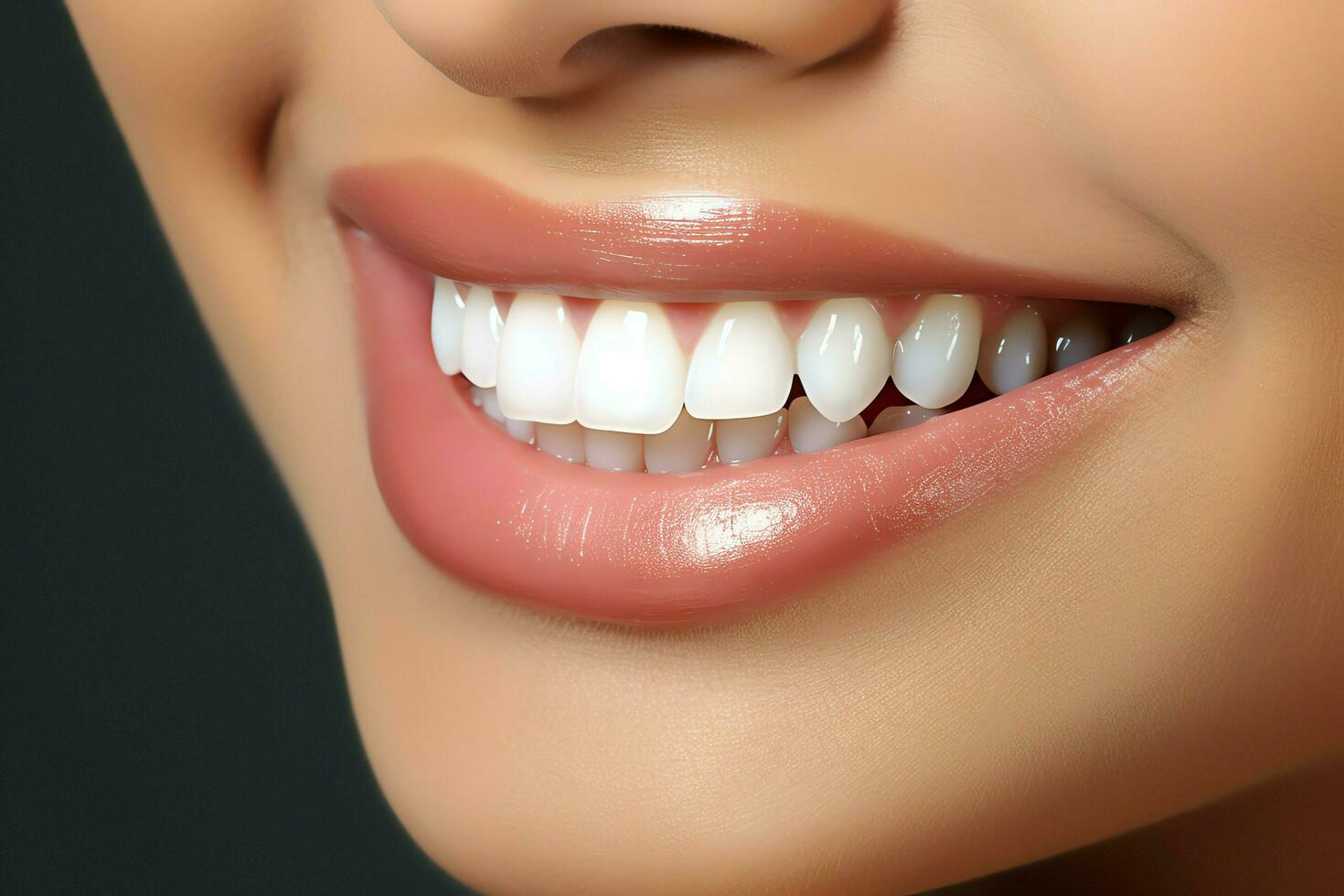 perfeito saudável dentes sorrir do uma jovem mulher às uma dentista. dentes branqueamento. dental Cuidado, estomatologia conceito de ai gerado foto