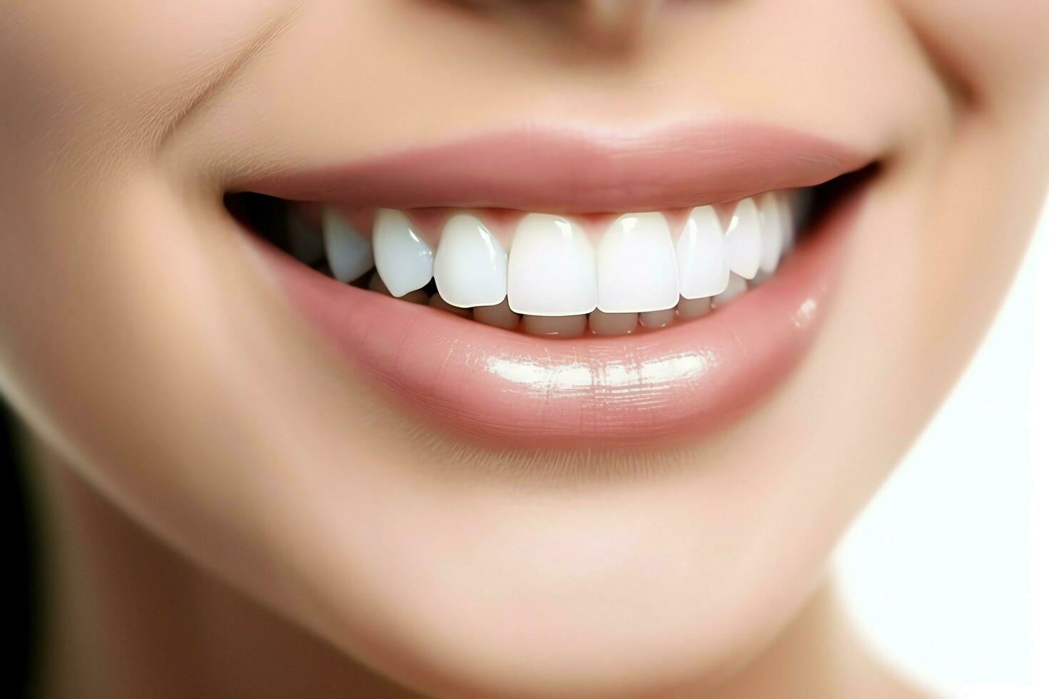 perfeito saudável dentes sorrir do uma jovem mulher às uma dentista. dentes branqueamento. dental Cuidado, estomatologia conceito de ai gerado foto