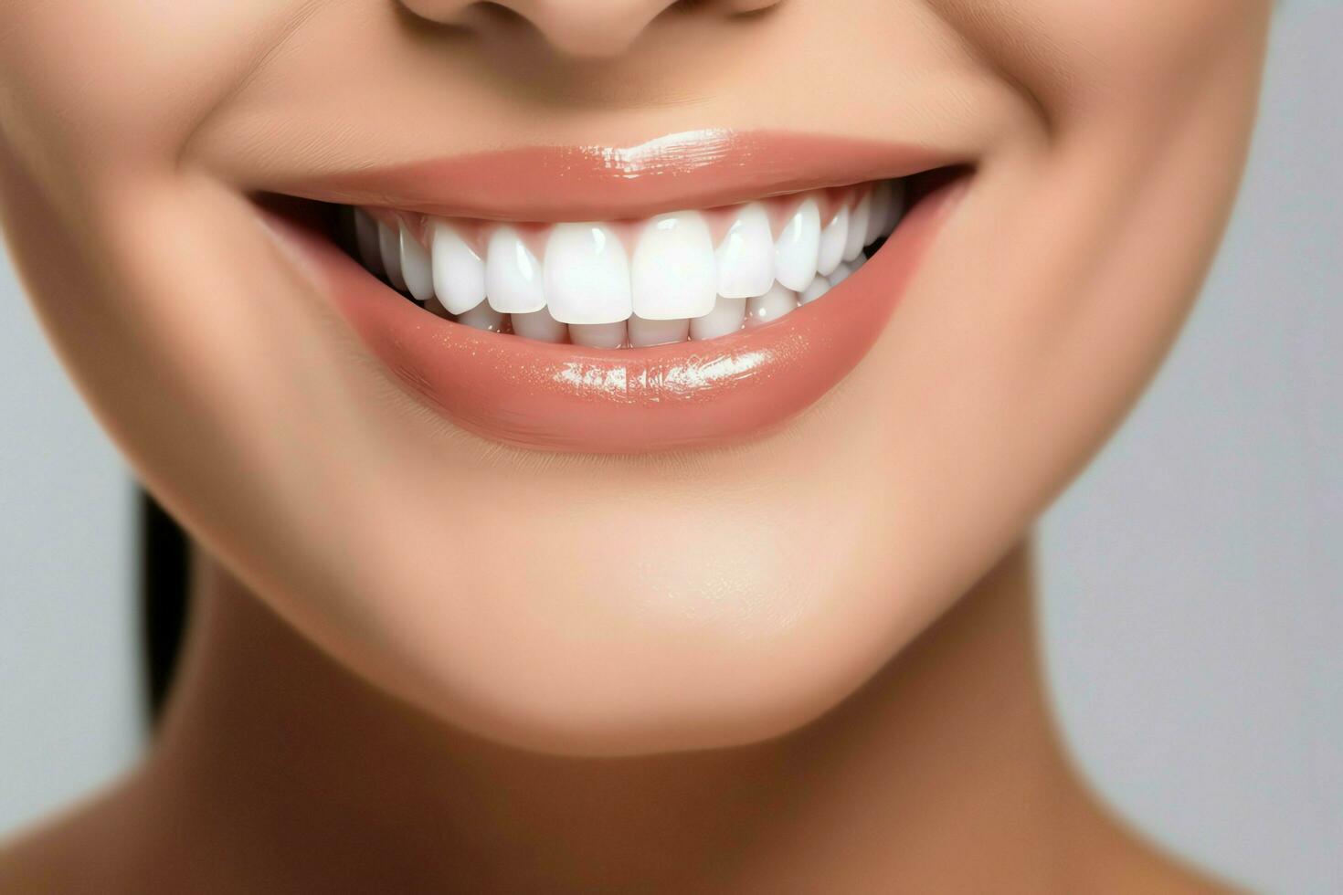 perfeito saudável dentes sorrir do uma jovem mulher às uma dentista. dentes branqueamento. dental Cuidado, estomatologia conceito de ai gerado foto