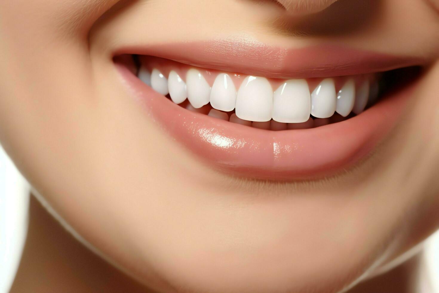 perfeito saudável dentes sorrir do uma jovem mulher às uma dentista. dentes branqueamento. dental Cuidado, estomatologia conceito de ai gerado foto