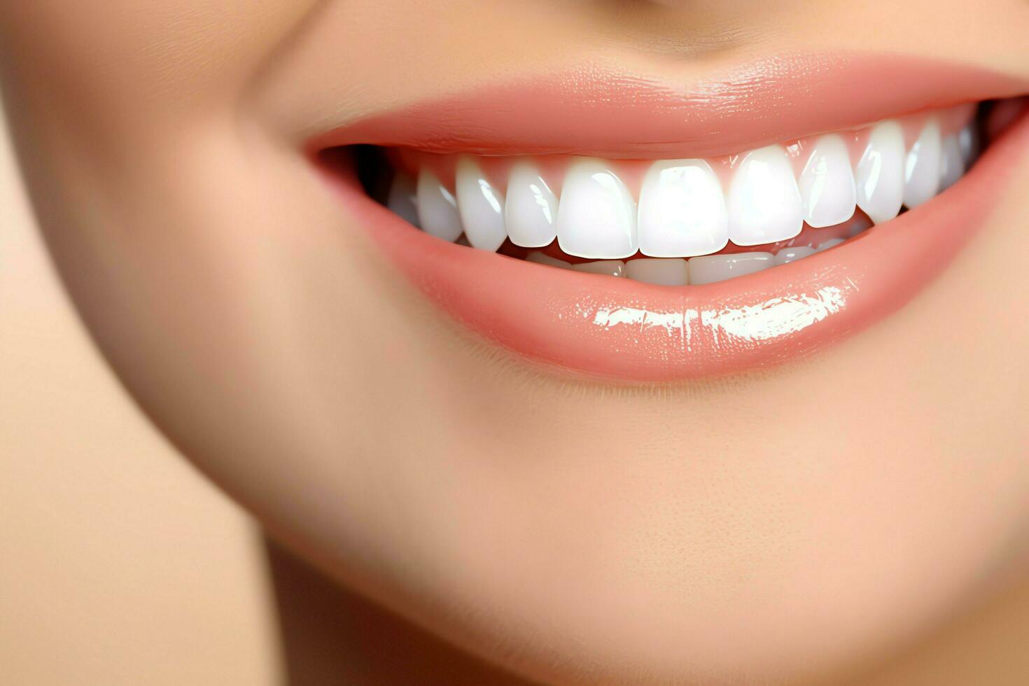 perfeito saudável dentes sorrir do uma jovem mulher às uma dentista. dentes branqueamento. dental Cuidado, estomatologia conceito de ai gerado foto