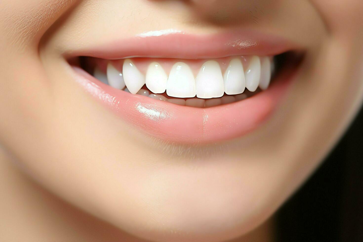 perfeito saudável dentes sorrir do uma jovem mulher às uma dentista. dentes branqueamento. dental Cuidado, estomatologia conceito de ai gerado foto