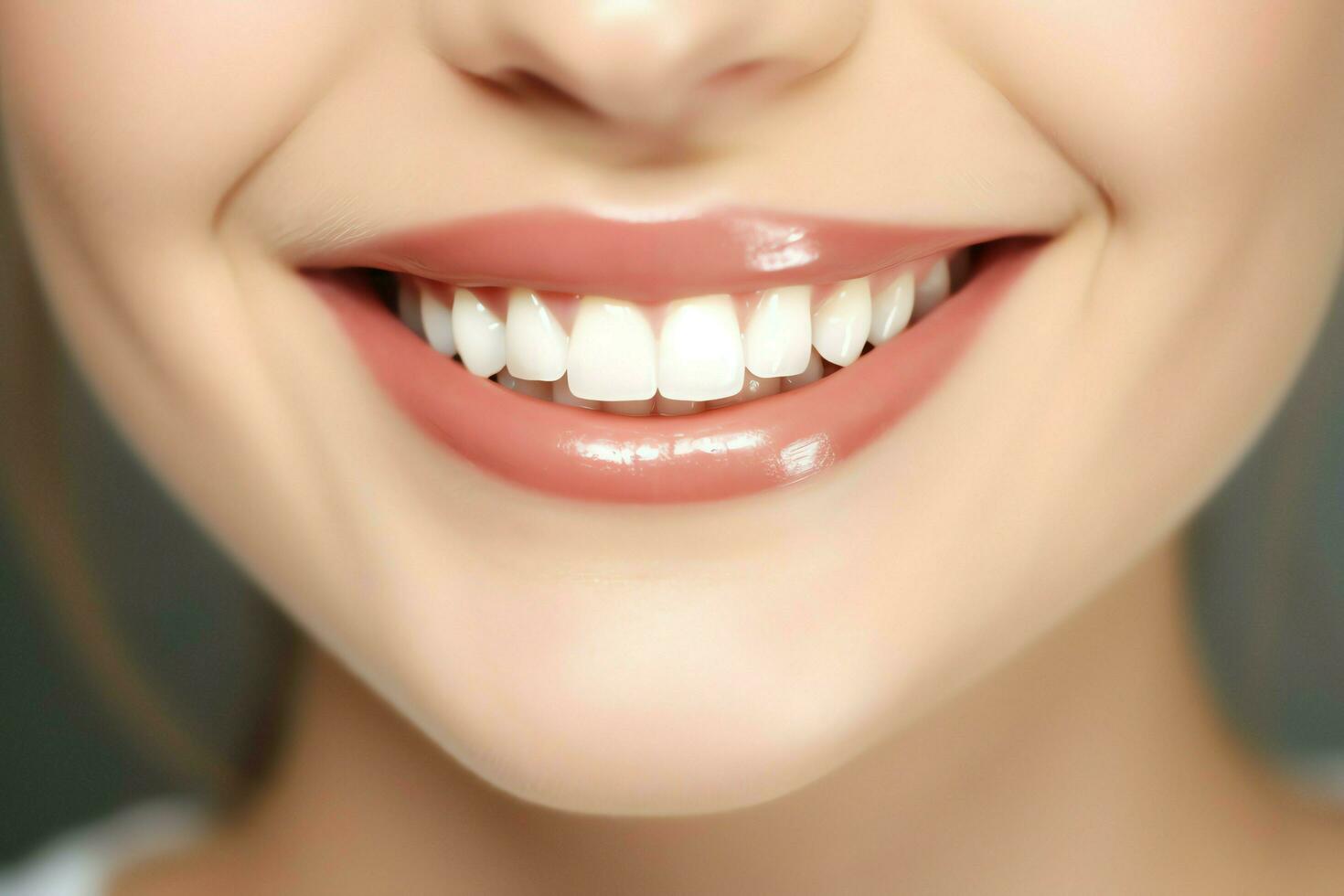 perfeito saudável dentes sorrir do uma jovem mulher às uma dentista. dentes branqueamento. dental Cuidado, estomatologia conceito de ai gerado foto