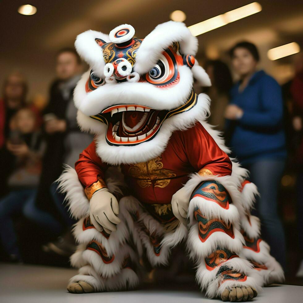 Dragão ou leão dança mostrar Barongsai dentro celebração chinês lunar Novo ano festival. ásia tradicional conceito de ai gerado foto