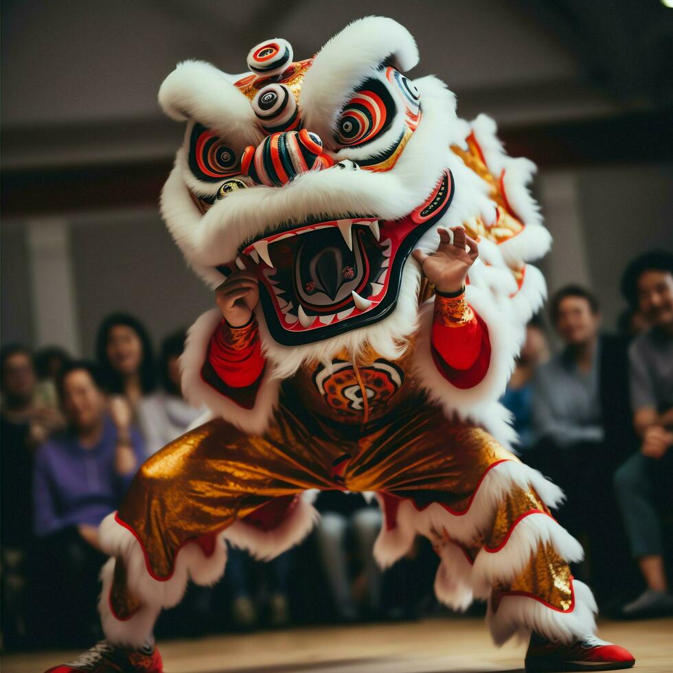 Dragão ou leão dança mostrar Barongsai dentro celebração chinês lunar Novo ano festival. ásia tradicional conceito de ai gerado foto