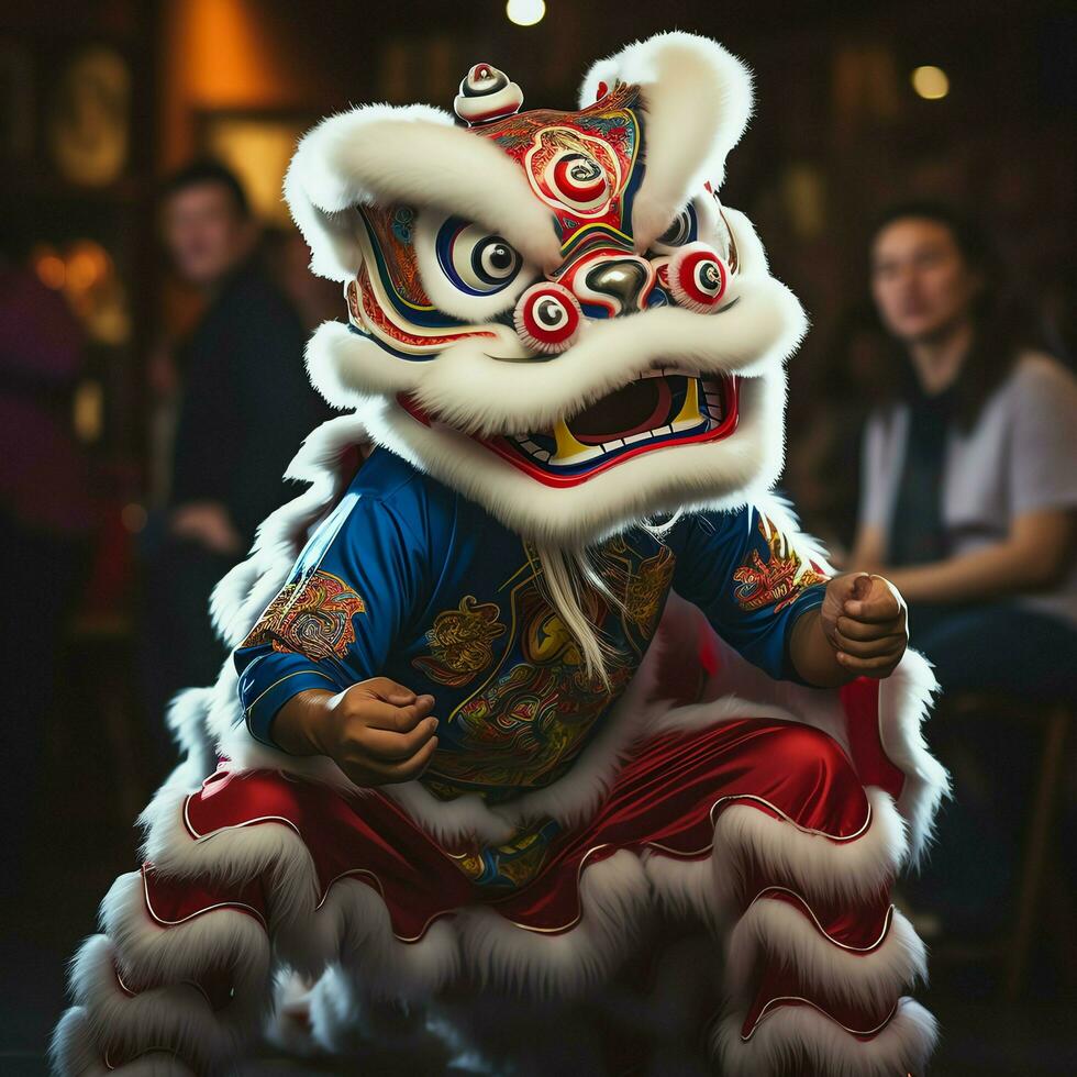 Dragão ou leão dança mostrar Barongsai dentro celebração chinês lunar Novo ano festival. ásia tradicional conceito de ai gerado foto